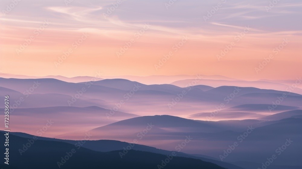 Fototapeta premium Mountain Sunrise/Sunset Landscapes: Misty Valleys, Blue Skies & Forest Hill Silhouettes