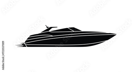 Sleek motorboat gliding on water a striking black shape silhouette