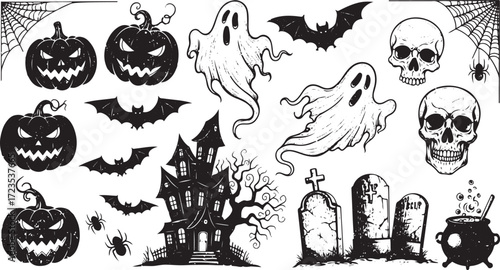 Spooky Halloween Elements Collection Featuring Pumpkins, Ghosts, Bats, and a Haunted House