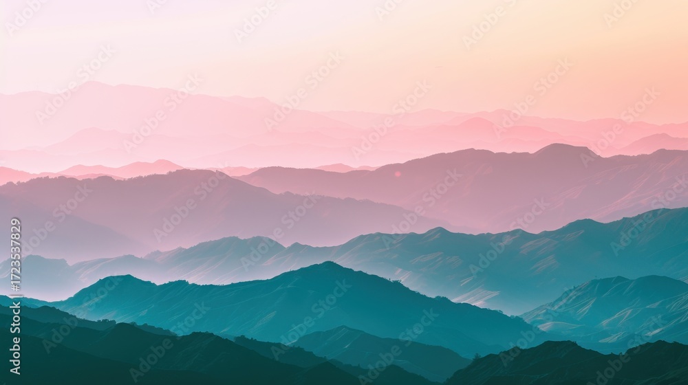 Fototapeta premium Mountain Sunrise/Sunset Landscapes: Misty Valleys, Blue Skies & Forest Hill Silhouettes