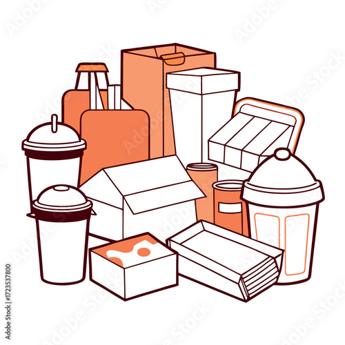 Minimal line art illustration of different food and drink packaging on a solid background