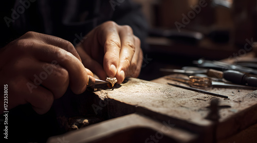 Jeweler crafting a ring with tools in traditional workshop