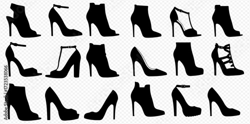 An array of high heel shoe silhouettes, showcasing various styles including pumps, sandals, and ankle boots.