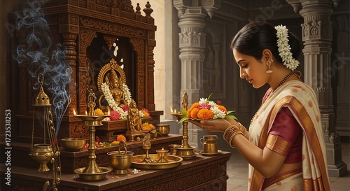 Woman offering puja.