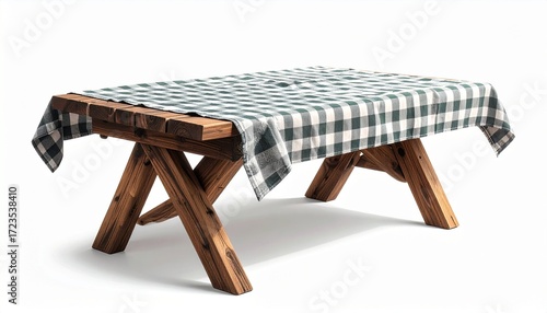 Wooden picnic table with black-and-white checkered tablecloth, symbolizing outdoor gathering, rustic charm, and communal simplicity.