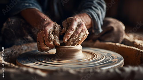 Potter shaping clay on a pottery wheel in rustic artisan workshop