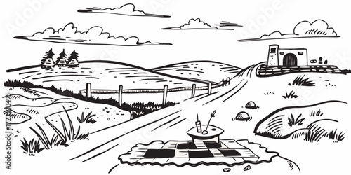 This landscape artwork depicts a beautiful valley scene. A river flows down from the mountains, full of black and white lines and an illustrative style.
