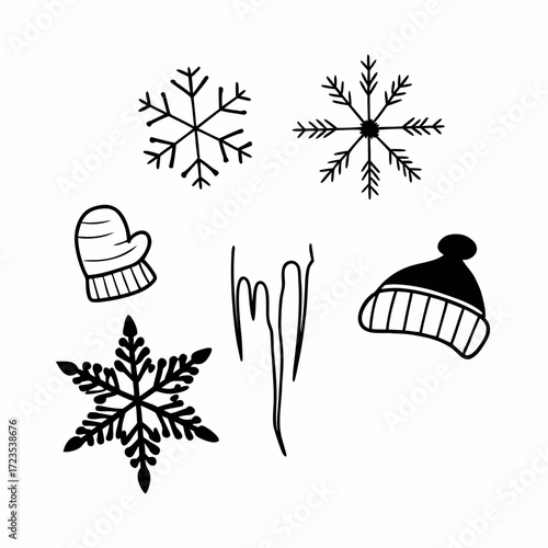 “Minimalist vector line art for January featuring winter symbols such as snowflakes, icicles, cozy hats, and chilly weather elements, clean thin strokes, monochrome or cool blue tones, modern minimali