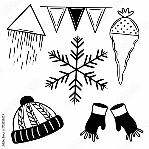“Minimalist vector line art for January featuring winter symbols such as snowflakes, icicles, cozy hats, and chilly weather elements, clean thin strokes, monochrome or cool blue tones, modern minimali