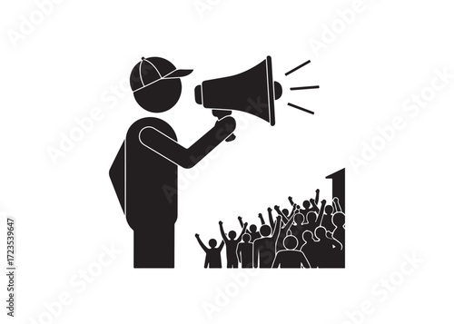 Announcer with Megaphone Addressing Enthusiastic Crowd: Simple Black Icon Graphic.