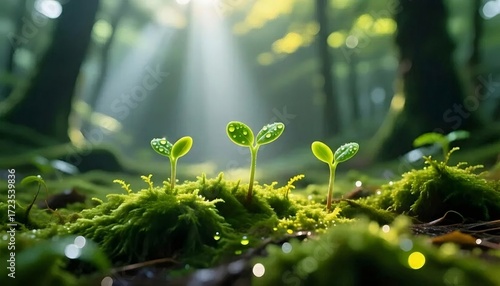 森の苔むした地面で育つ新しい苗木
