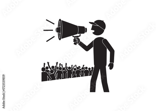 Announcer with Megaphone Addressing Enthusiastic Crowd: Simple Black Icon Illustration.