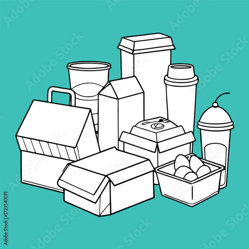 Minimal line art illustration of different food and drink packaging on a solid background