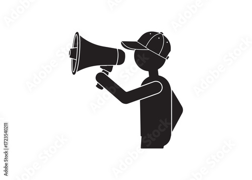 Announcer with Megaphone Addressing Enthusiastic Crowd: Simple Black Icon Graphic.