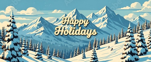 A scenic winter landscape with snowcovered mountains and pine trees, conveying a sense of happy holidays and winter wonderland beauty