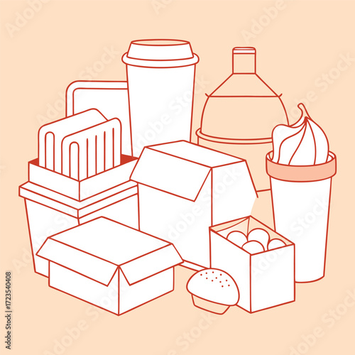 Minimal line art illustration of different food and drink packaging on a solid background