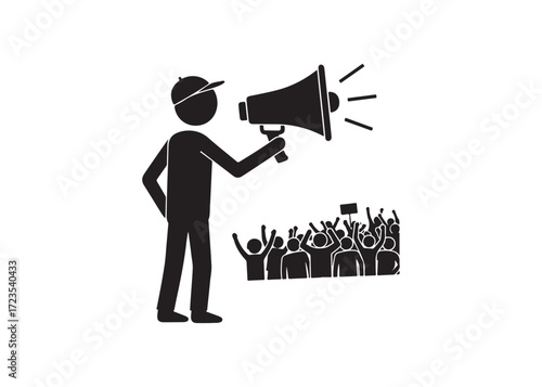 Announcer with Megaphone Addressing Enthusiastic Crowd: Simple Black Icon Illustration.