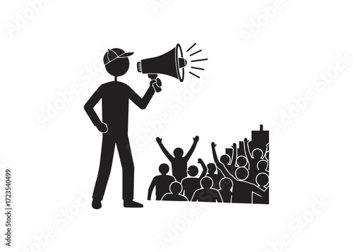 Announcer with Megaphone Addressing Enthusiastic Crowd: Simple Black Icon Illustration.