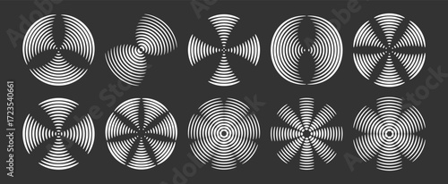 Dynamic geometric rotating round elements, figures in Y2k style. Abstract Wi-Fi icon, symbol. Spinning airplane propeller. Isolated vector EPS10
