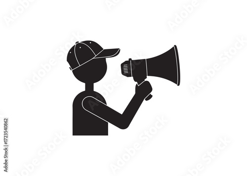 Announcer with Megaphone Addressing Enthusiastic Crowd: Simple Black Icon Illustration.