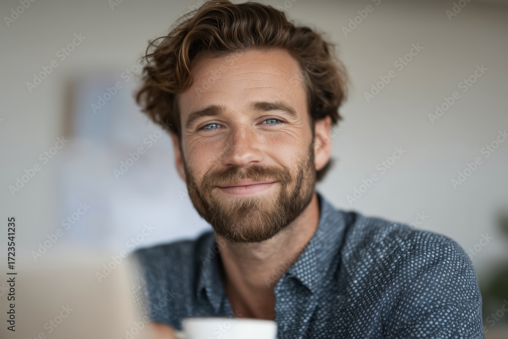Obraz premium Happy Young Man Sitting at Desk in Bright and Sunny Home Environment