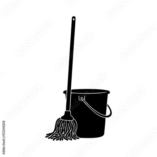silhouette vector of a mop and bucket with a white background