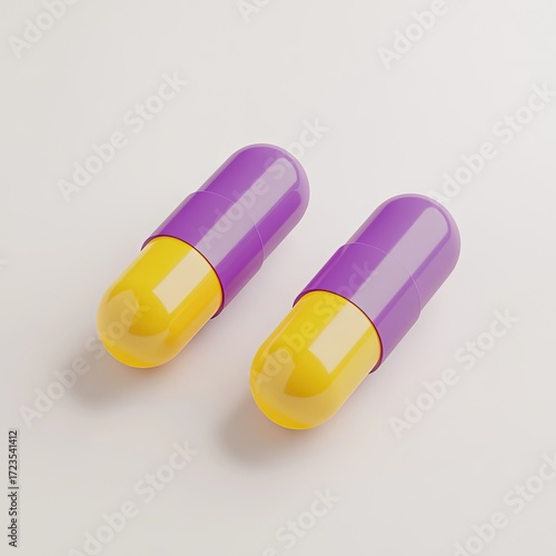 Two yellow and purple capsules on a white surface