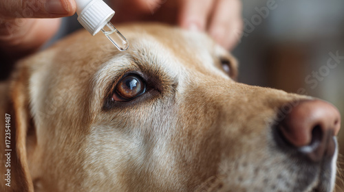 Labrador retriever receiving eye drop treatment while resting on a comfortable surface with a caring hand applying medication for health and wellness support.