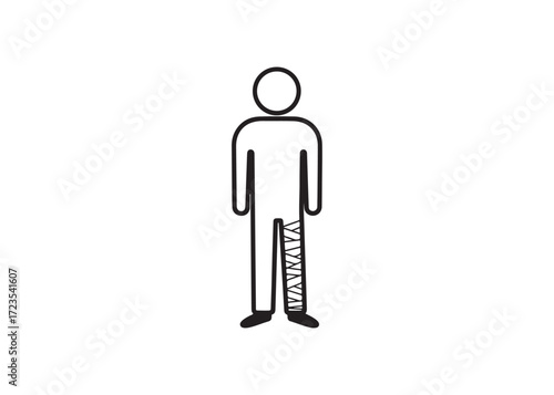Person attaching prosthetic leg, simple pictogram, black and white, medical illustration.