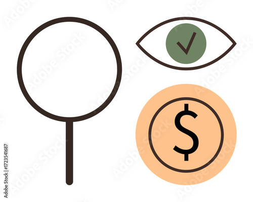 Magnifying glass symbolizing search, eye with checkmark for validation, and dollar sign for financial concept. Ideal for research, analysis, trust, inspection, decision-making, economy or