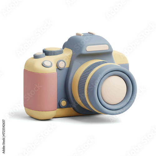 Cute cartoon camera sitting on a white surface, rendered in a playful, threedimensional style, perfect for photography themed designs.