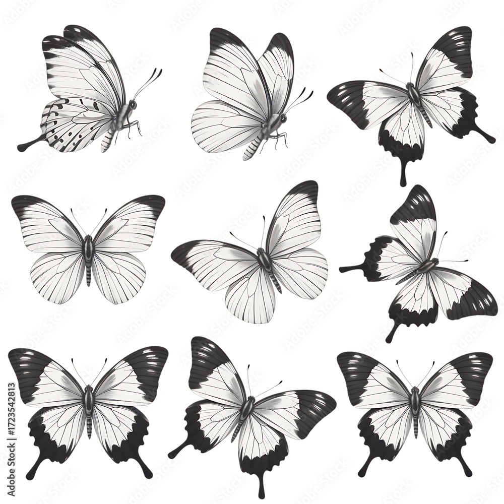 Fototapeta premium Black and white butterflies with detailed wings butterfly