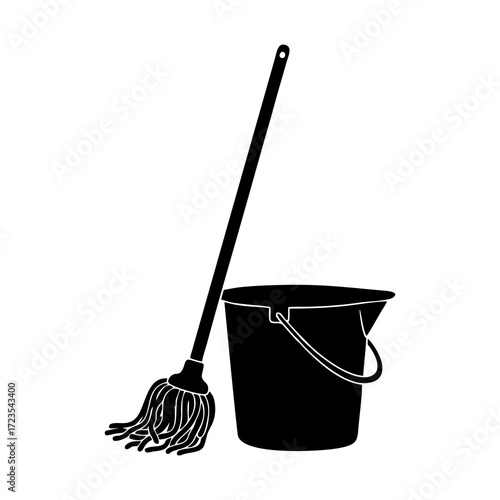 silhouette vector of a mop and bucket with a white background