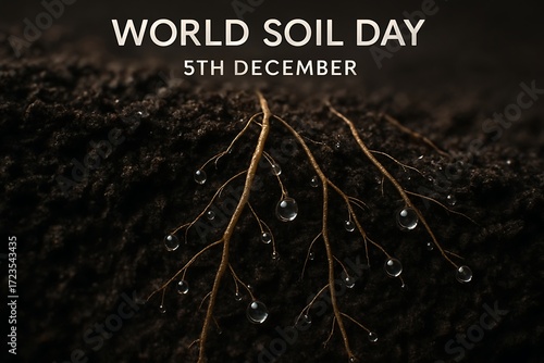 World soil day december 5th celebration with plant roots and water droplets in dark soil