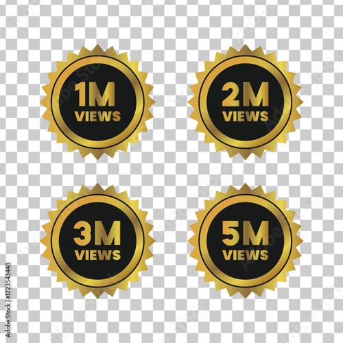 Set of golden starburst badges showing 1m, 2m, 3m, and 5m views, ideal for highlighting popular content