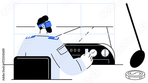 Air traffic controller operating control panel, monitoring flight paths on multiple screens, headset communication. Ideal for aviation, airport management, logistics, technology, safety systems