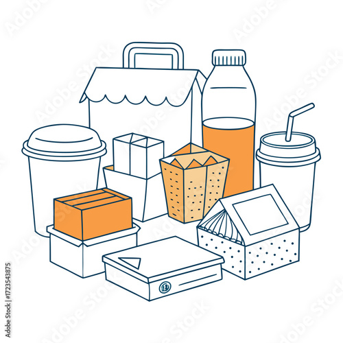 Minimal line art illustration of different food and drink packaging on a solid background