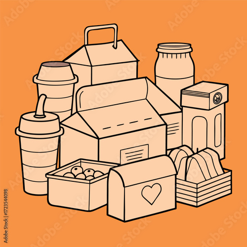 Minimal line art illustration of different food and drink packaging on a solid background
