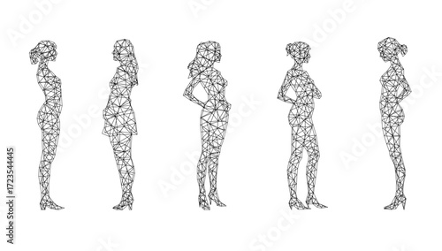 Polygonal wireframe silhouettes of women, symbol of digital art