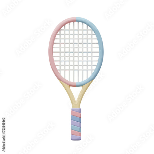 Pastel tennis racket stands upright against a white backdrop, showcasing its colorful design and sporty aesthetic, evoking a playful and energetic mood.
