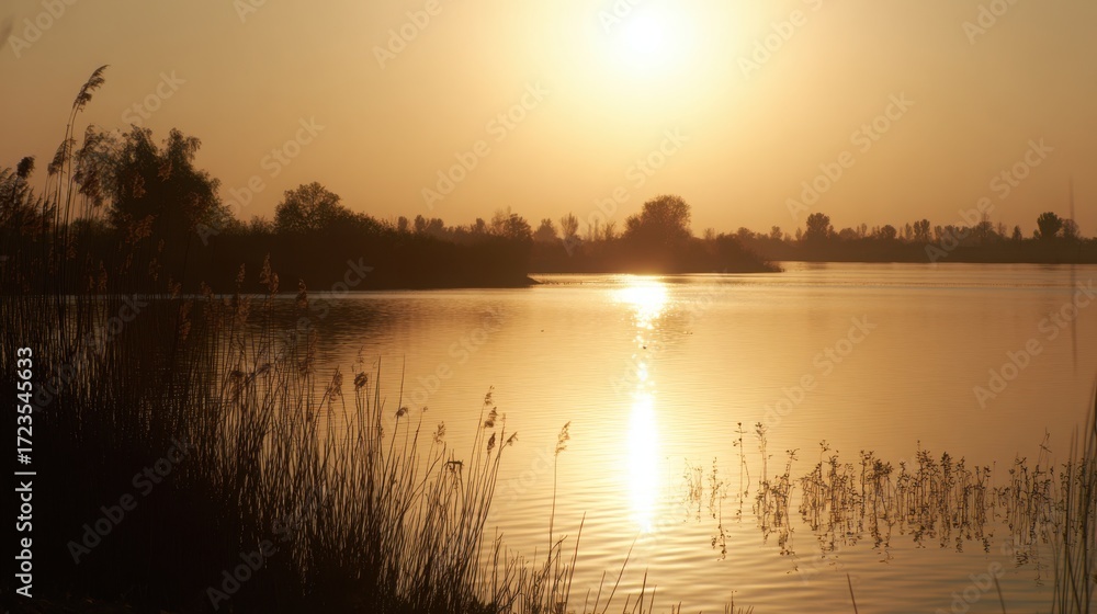 Obraz premium shore. Tranquil lakeside view at sunset with calm water reflecting golden hues. inspiring travel planning, travel magazines, designed for outdoor magazines and nature guides.