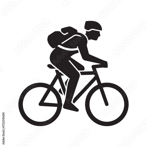 Cyclist with backpack icon, simple bicycle rider silhouette for sport, delivery, or transportation.
