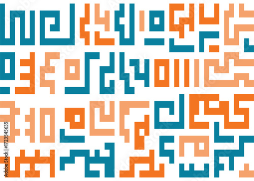 Dynamic mosaic of angular, pixelated forms in contrasting colors, creating a cryptic yet visually engaging design with a modern digital and ancient cultural aesthetic