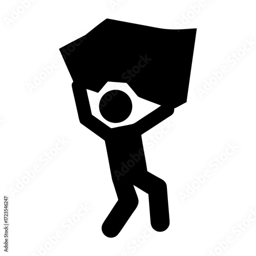 Stick figure carrying a large heavy object silhouette