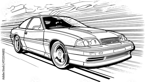 Abstract retro car on urban background, in black and white ink drawing style for adult coloring book