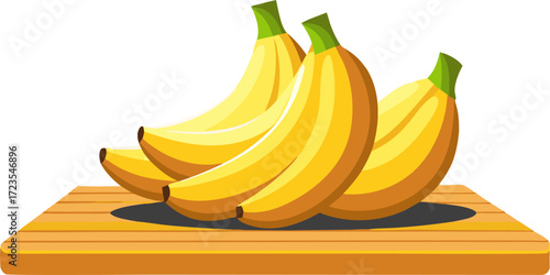 The sharp illustration uses bold color and shading to highlight the smooth texture and bright yellow hue of the banana on the wood surface.