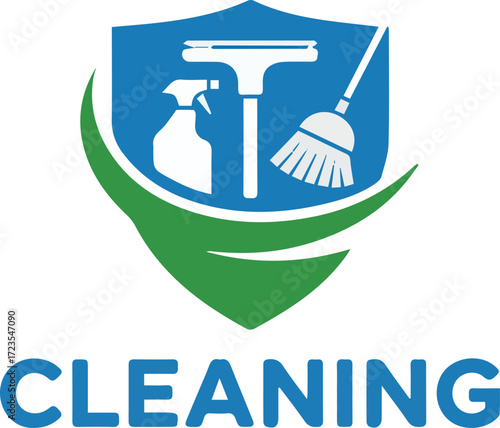Vector art of cleaning service logo with shield, spray bottle, squeegee, and broom