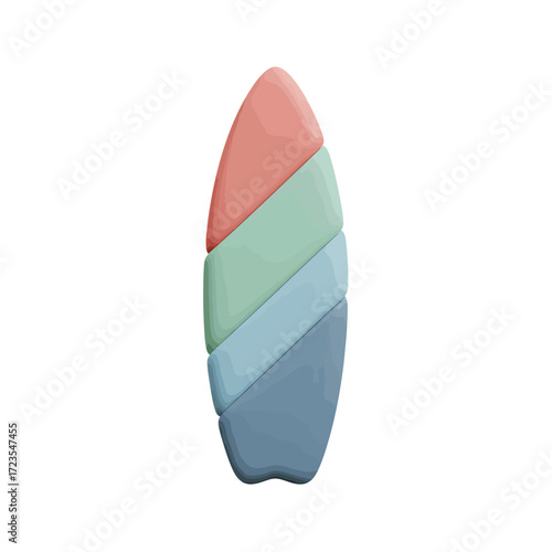 Pastel colored surfboard stands upright against a white backdrop, evoking a sense of summer fun and beach vibes.
