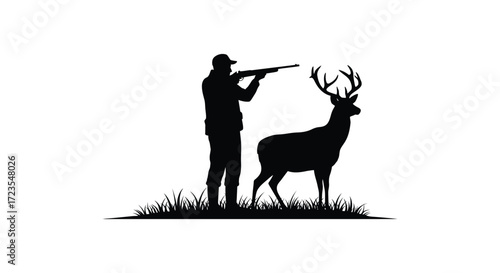 Hunter aiming rifle at majestic deer striking outdoor scene silhouette