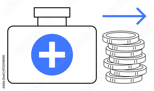 First aid kit with a cross, stacked coins, and a forward arrow symbolizing financial investment in healthcare. Ideal for medical funding, savings, investment, health insurance, expense tracking